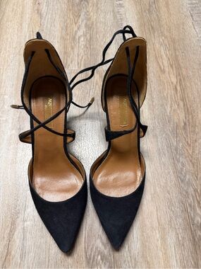 Aquazzura Black Suede Pointed Toe Lace-Up Heels